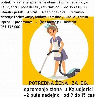 Čistačica. Apartman. Skraćeno radno vreme na lalafo.rs Čistačica. Apartman. Skraćeno radno vreme