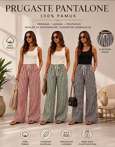 Pantalone sa dzepovima. Bele na roze,zelene,crne pruge. Elastican na lalafo.rs Pantalone sa dzepovima. Bele na roze,zelene,crne pruge. Elastican