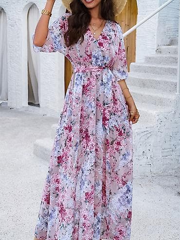 Duga cvetna haljina na preklop - Kroj: maxi dužina, A-kroj koji na lalafo.rs — 1 Duga cvetna haljina na preklop - Kroj: maxi dužina, A-kroj koji — 1