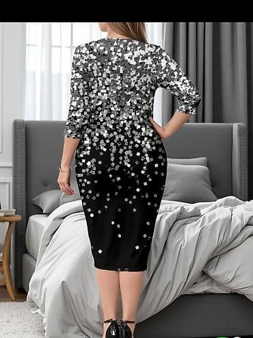 Elegantna ženska haljina – crno-srebrni print - Kroj: midi dužina na lalafo.rs — 1 Elegantna ženska haljina – crno-srebrni print - Kroj: midi dužina — 1