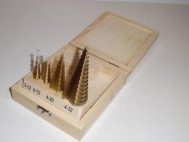 cepaci za drva: Set stepenastih burgija u drvenoj kutiji - 4 komada titanisano na lalafo.rs — 8 cepaci za drva: Set stepenastih burgija u drvenoj kutiji - 4 komada titanisano — 8