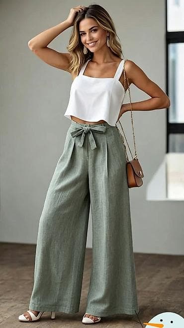 Ženske široke pantalone visokog struka sa mašnom - Kroj: wide leg na lalafo.rs Ženske široke pantalone visokog struka sa mašnom - Kroj: wide leg