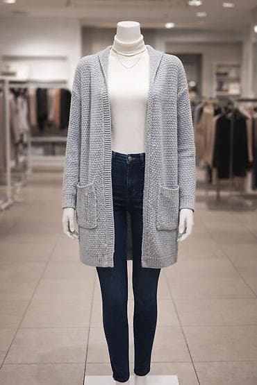 kom sa etiketom: Dugački ženski kardigan s kapuljačom – sivi melirane teksture - at lalafo.rs — 1 kom sa etiketom: Dugački ženski kardigan s kapuljačom – sivi melirane teksture - — 1