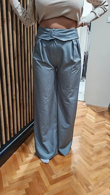 Ženske široke pantalone sa prugama i preklopnim pojasom - Boja na lalafo.rs Ženske široke pantalone sa prugama i preklopnim pojasom - Boja