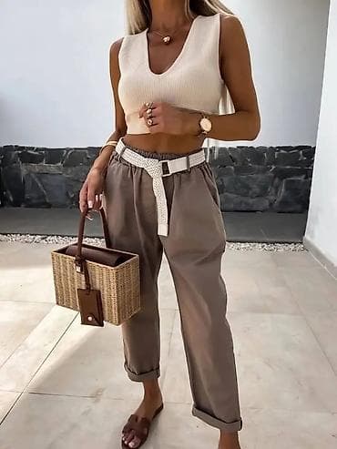 Ženske ležerne pantalone sa visokim strukom i pojasom - Kroj na lalafo.rs Ženske ležerne pantalone sa visokim strukom i pojasom - Kroj