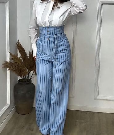 💫Ženske pantalone sa visokim strukom – prugasti model sa širokim na lalafo.rs 💫Ženske pantalone sa visokim strukom – prugasti model sa širokim