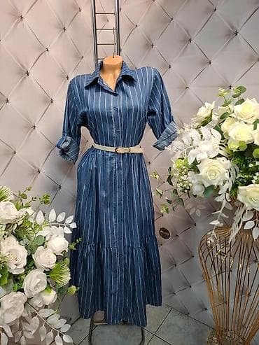 Plava košulja-haljina sa prugama - Model: midi dužina, ravne na lalafo.rs Plava košulja-haljina sa prugama - Model: midi dužina, ravne