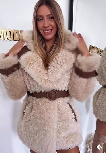 Krzneni kaput sa pojasom – bež - Model: kratak kaput od meke, bujne na lalafo.rs — 2 Krzneni kaput sa pojasom – bež - Model: kratak kaput od meke, bujne — 2