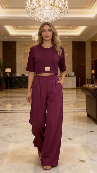 Dvodelni ženski komplet – kratka majica + široke pantalone - Kroj