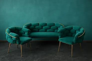 Set od 3 komada: sofa + 2 fotelje, smaragdno zelena baršunasta